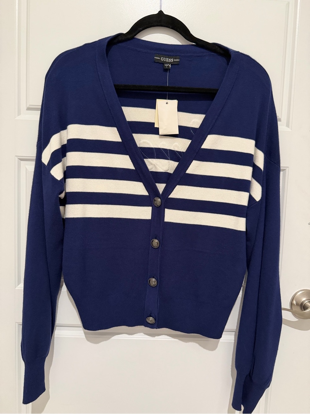 Guess Striped V-Neck Cardigan in Navy and White